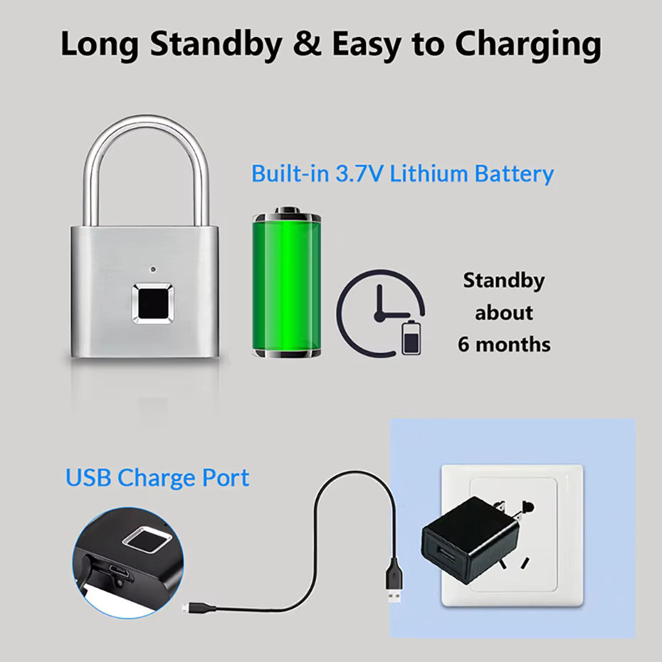 Keyless USB Charging Fingerprint Lock Smart Padlock Waterproof Door Lock 0.2Sec Unlock Portable Anti-Theft Padlock Zinc