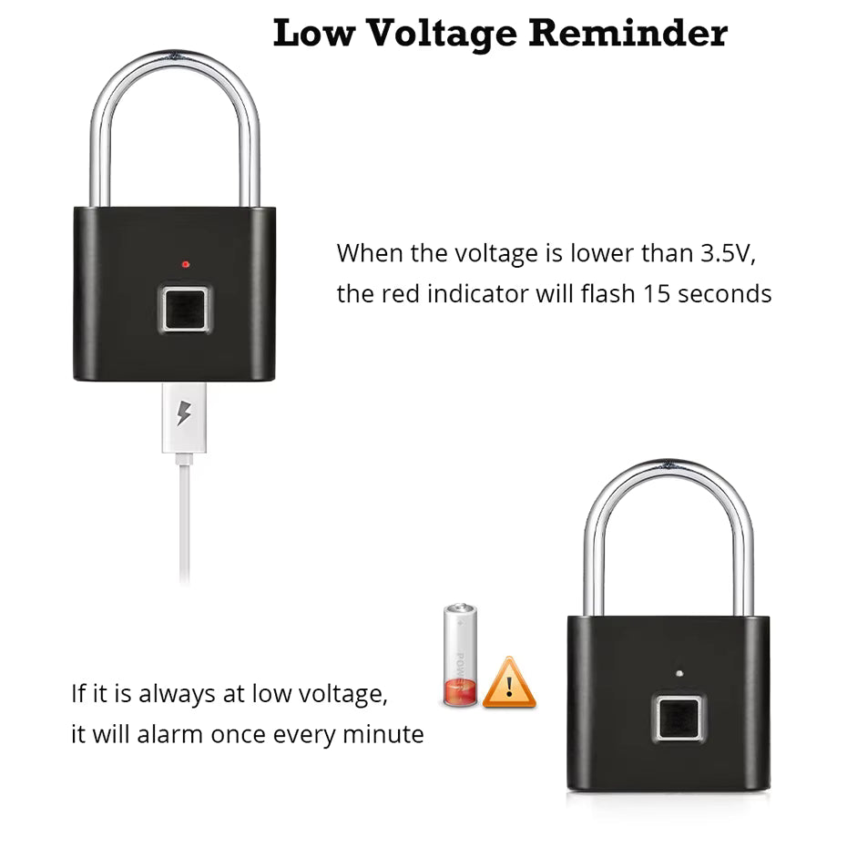 Keyless USB Charging Fingerprint Lock Smart Padlock Waterproof Door Lock 0.2Sec Unlock Portable Anti-Theft Padlock Zinc