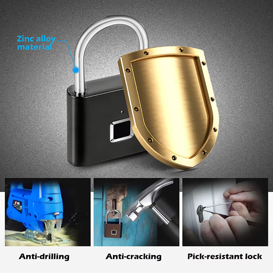 Keyless USB Charging Fingerprint Lock Smart Padlock Waterproof Door Lock 0.2Sec Unlock Portable Anti-Theft Padlock Zinc