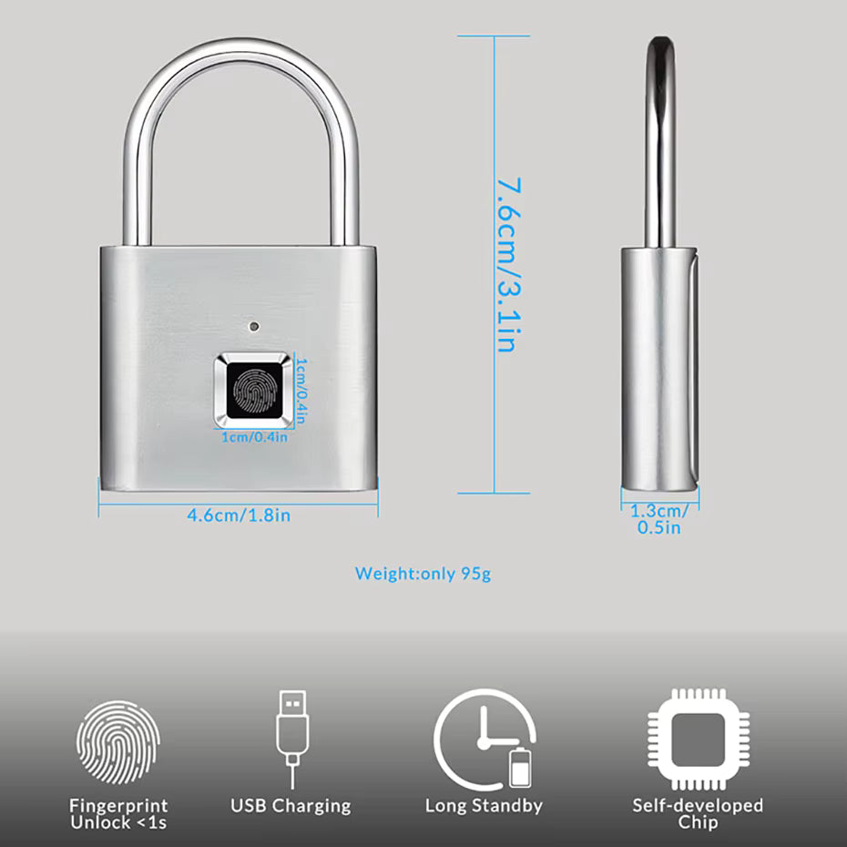 Keyless USB Charging Fingerprint Lock Smart Padlock Waterproof Door Lock 0.2Sec Unlock Portable Anti-Theft Padlock Zinc